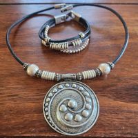 Schmuckset Kette mit Anhänger und Armband Leder schwarz