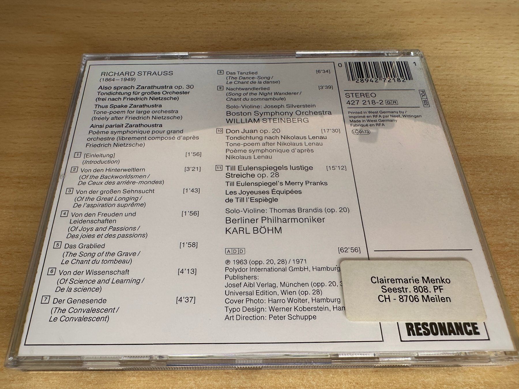 CDs: H8 Strauss Steinberg Böhm Also Sprach Zarathustra / Don Juan – Gebraucht aus Rikon im Tösstal von Alpenmutz 1