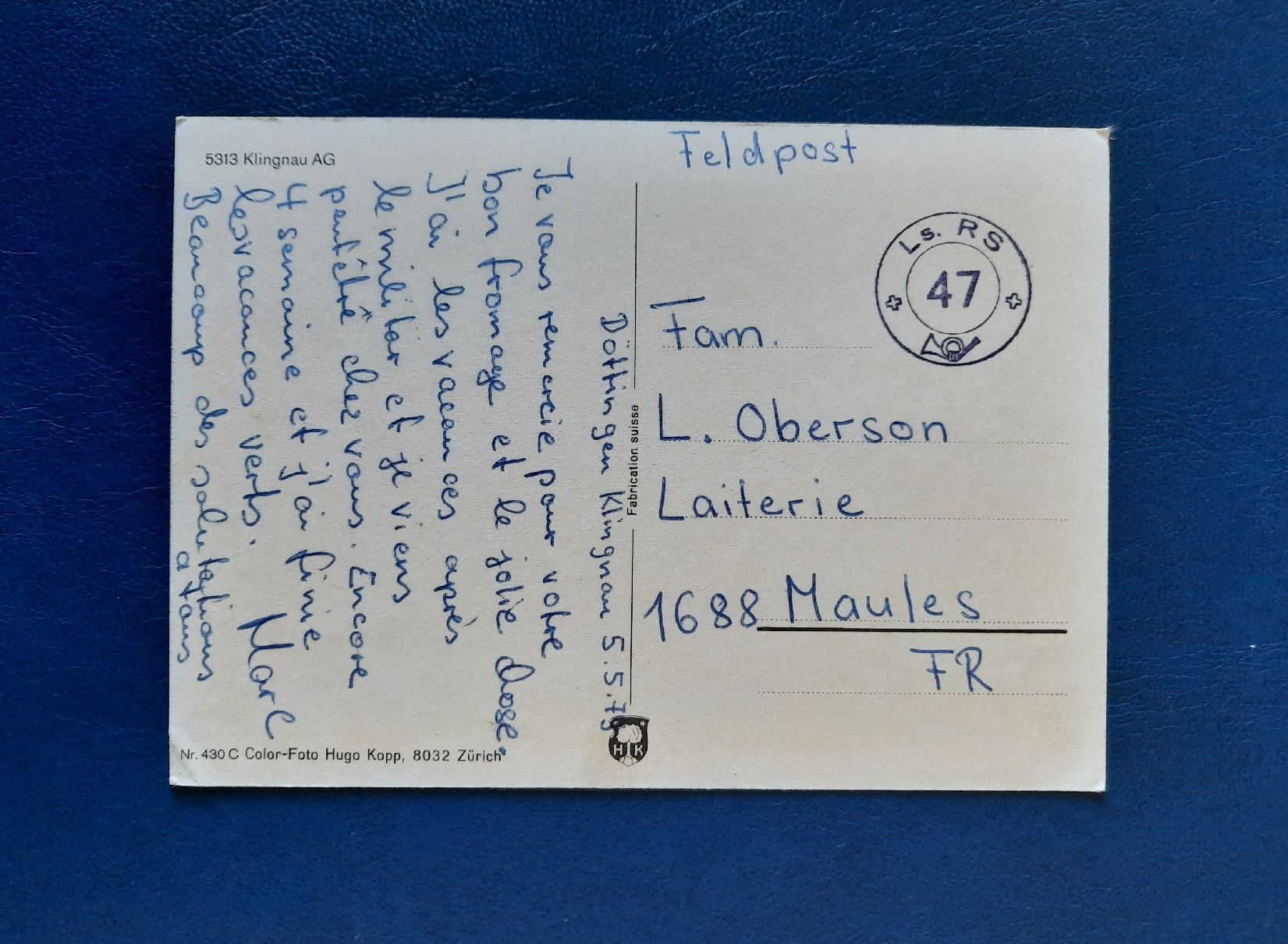 Ansichtskarten: Ansichtskarte Klingnau, gest. Feldpost 1979 – Gebraucht aus Marly von neu-adlerauge65 1