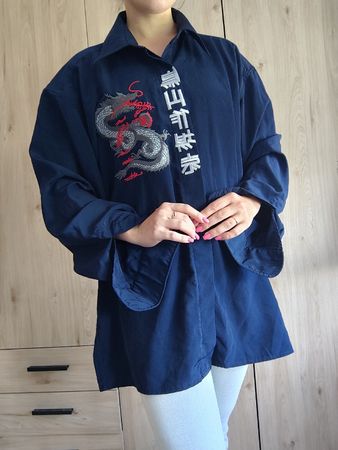 Langarm Hemd dunkelblau XXL Dragon Stickerei