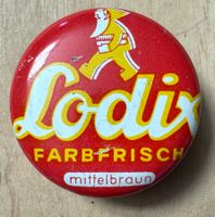 Kleine alte Blechdose LODIX Farbfrisch braun Probedose 4 cm