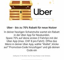 Uber - 70% Rabatt für Neukunden - Gutschein 2024