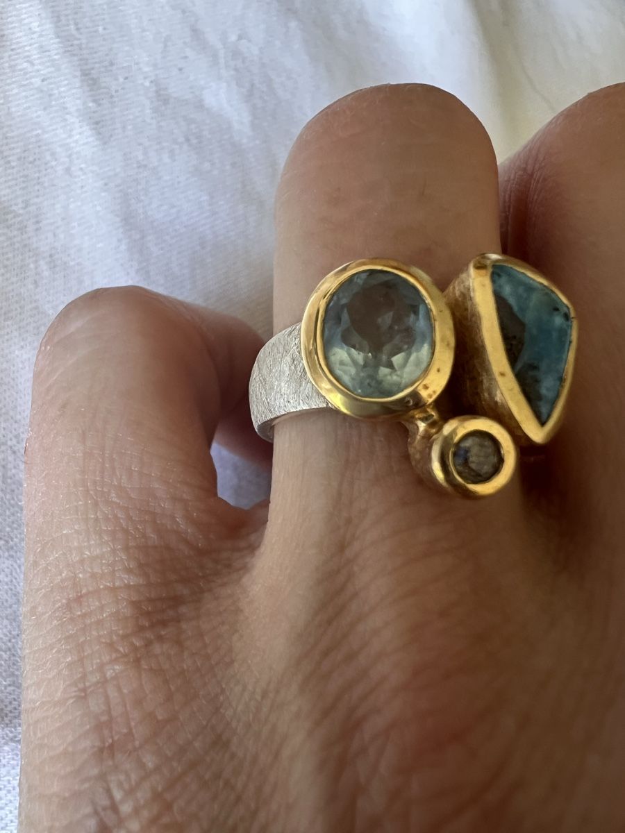 Anelli: 925 Silberring mit Aquamarin, Opal & Diamant | Handarbeit – Usato da Bolligen venduto da Solina12 9