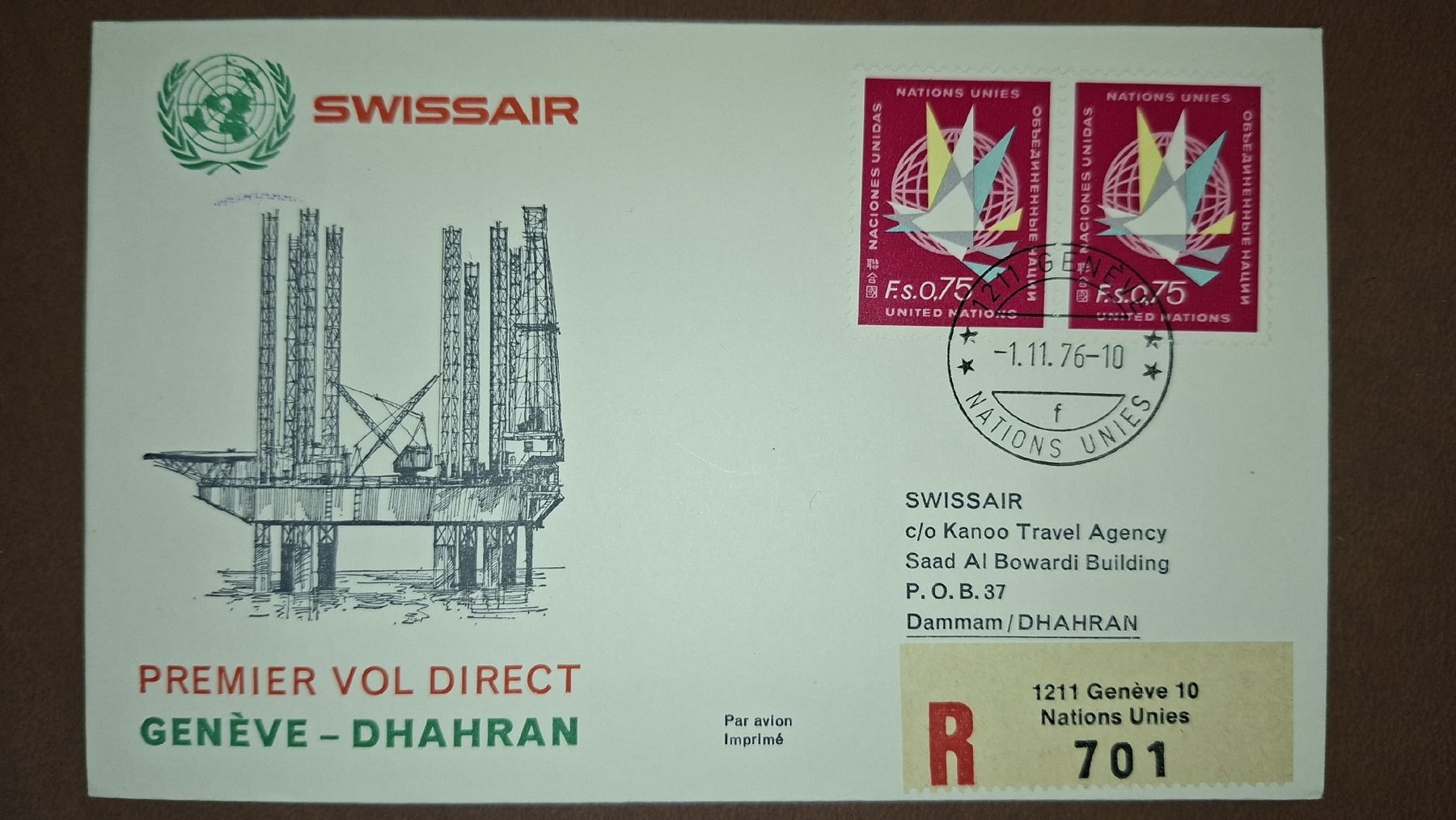 Tutti i francobolli: Swissair Genève - Dhahran 01.11.1976 – Usato da Balgach venduto da SIMEON27