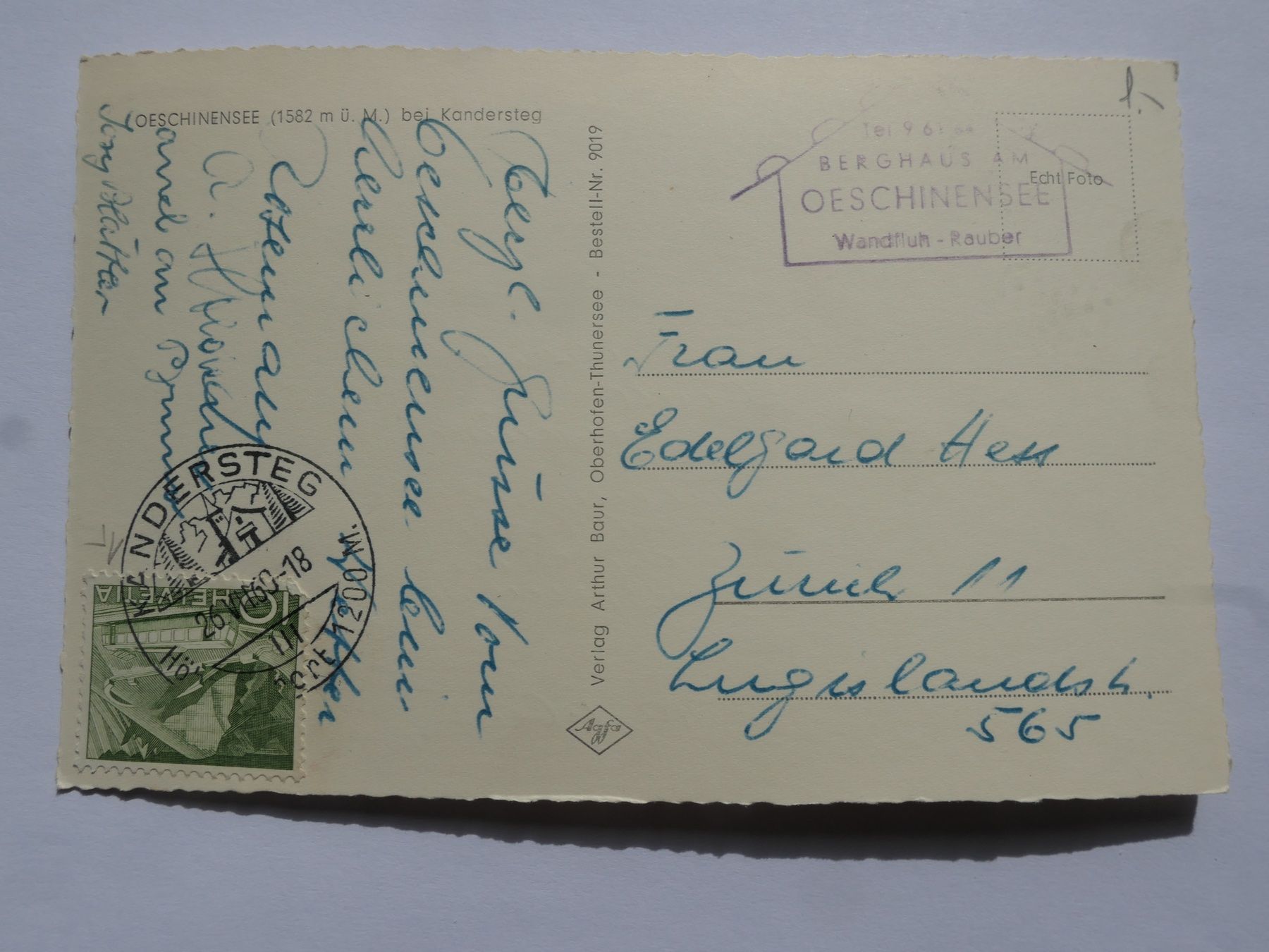 Cartoline postali: Oschinensee bei Kandersteg - gelaufen 1960 – Usato da Bassersdorf venduto da F-104fan 1