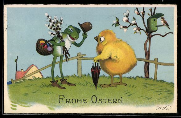 Ansichtskarten: F.Baumgarten: Frosch, Osterküken, Singv – Gebraucht aus Berlin von bartko-reher
