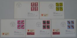 1957, J168-J172 Serie Viererblöcke auf 5 FDC's. Kat: 200.-+