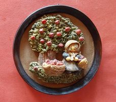 Handarbeit Vintage Salzeigbildli Apfelbäumchen mit Mädchen