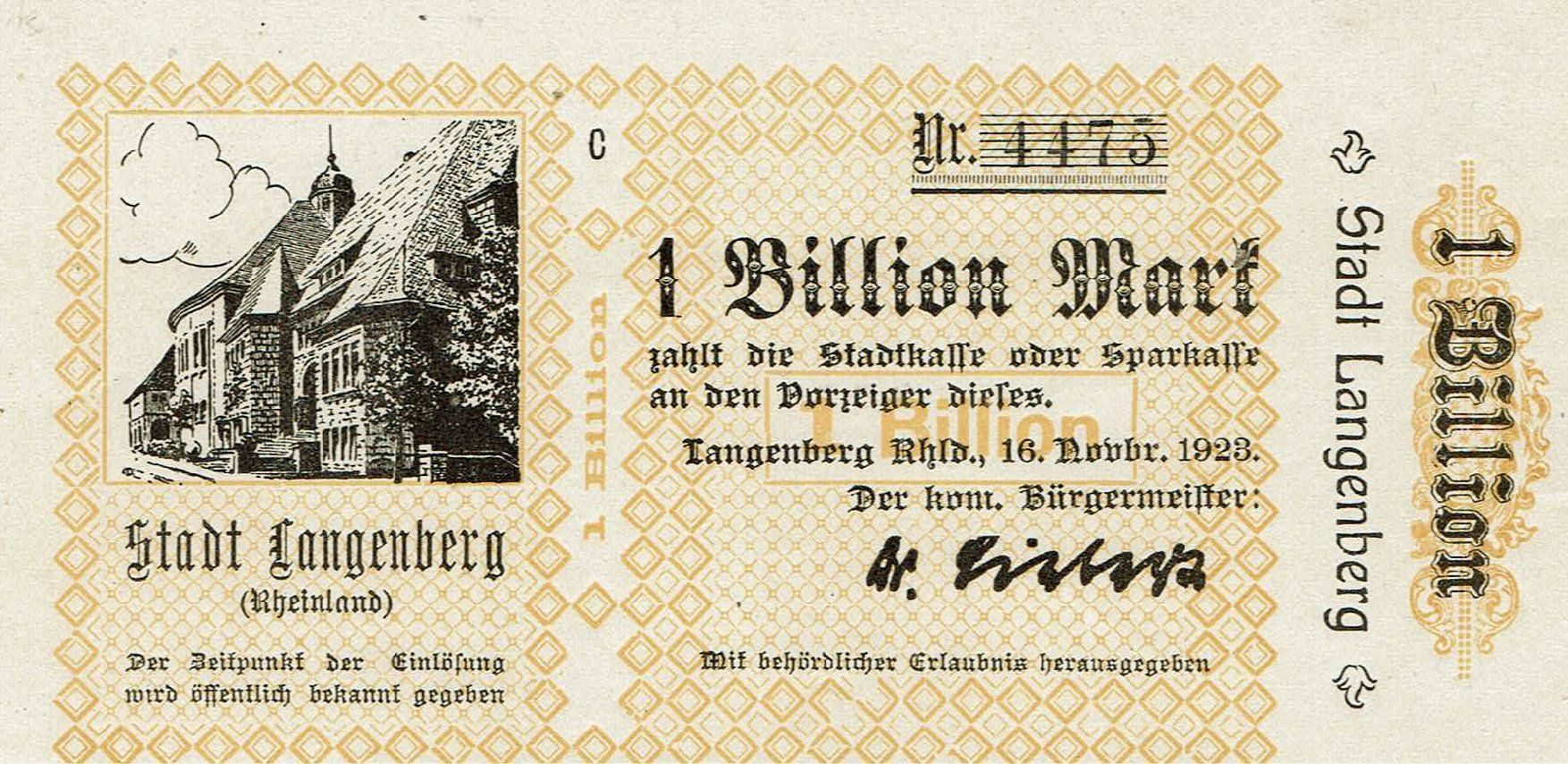 Banconote: Langenberg 1 Billion Mark 16.11.1923 VZ++-UNZ – Usato da Steffisburg venduto da ber_8htf