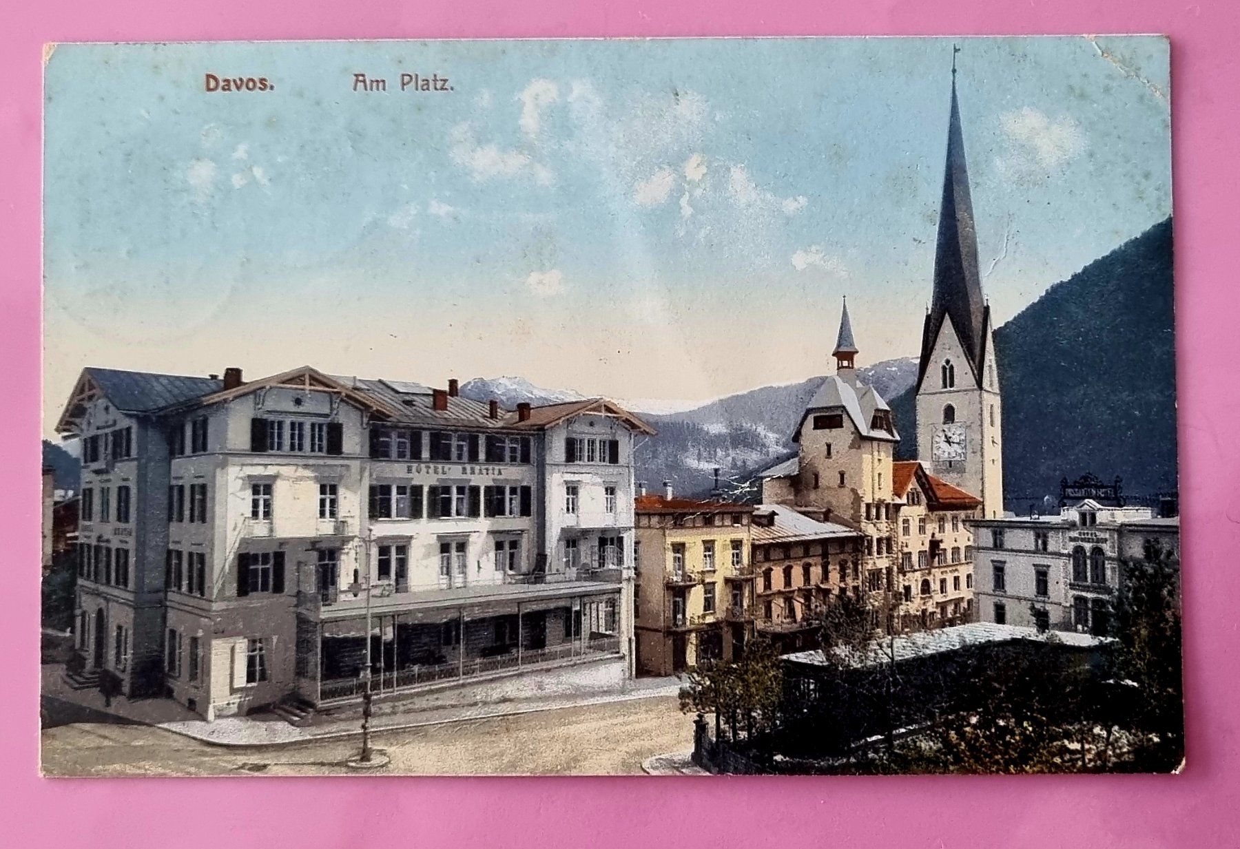 Cartoline postali: Davos - Am Platz - Hotel Rhätia - 1907 – Usato da Rothrist venduto da RROENK
