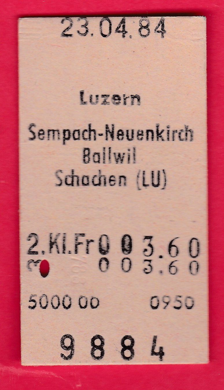Biglietti: KARTON BILLETT, LUZERN - SCHACHEN, 2.KLASSE, EINFACH, 1984 – Usato da Oberrieden venduto da Gebirgsstelze