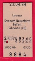 KARTON BILLETT, LUZERN - SCHACHEN, 2.KLASSE, EINFACH, 1984
