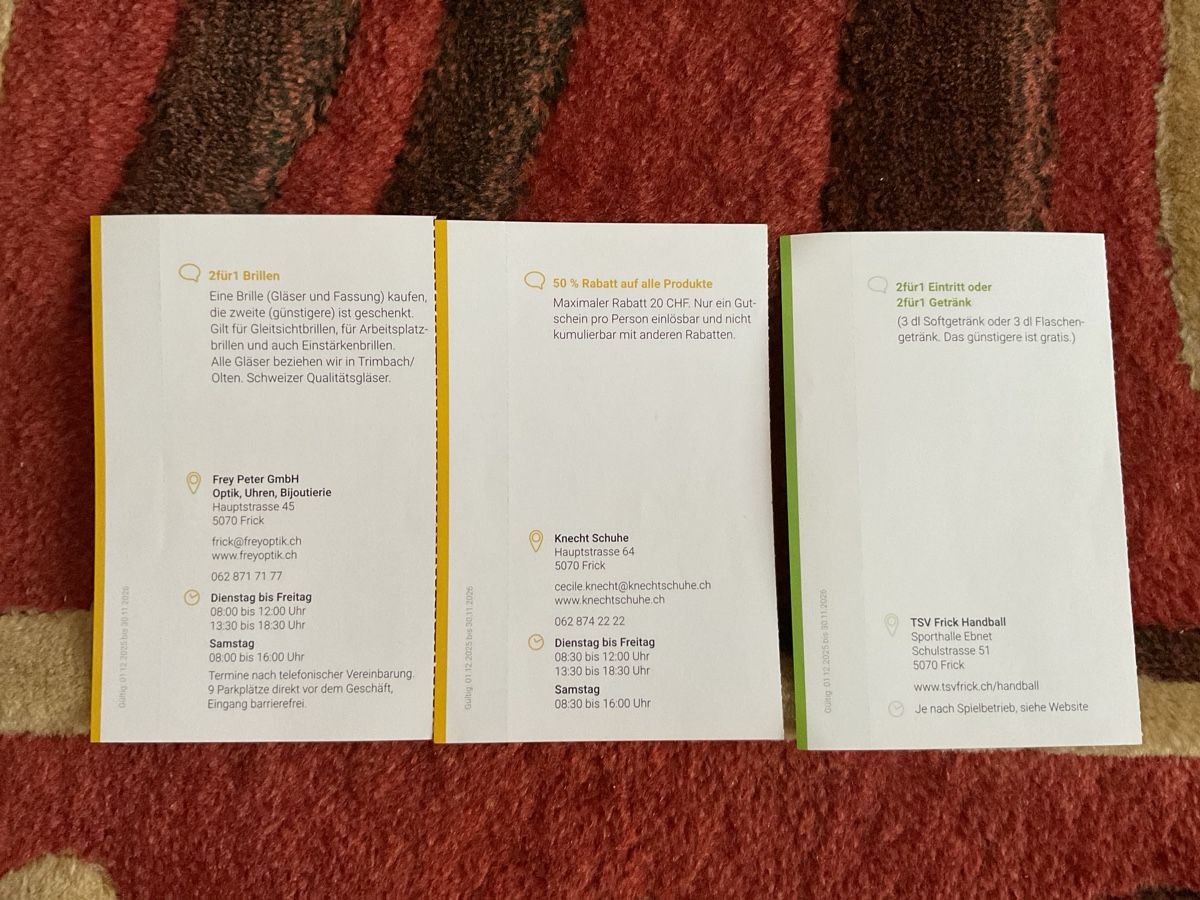 Gutscheine: 7 bons de réduction à Frick – Neu (gemäss Beschreibung) aus Düdingen von Yellow 6