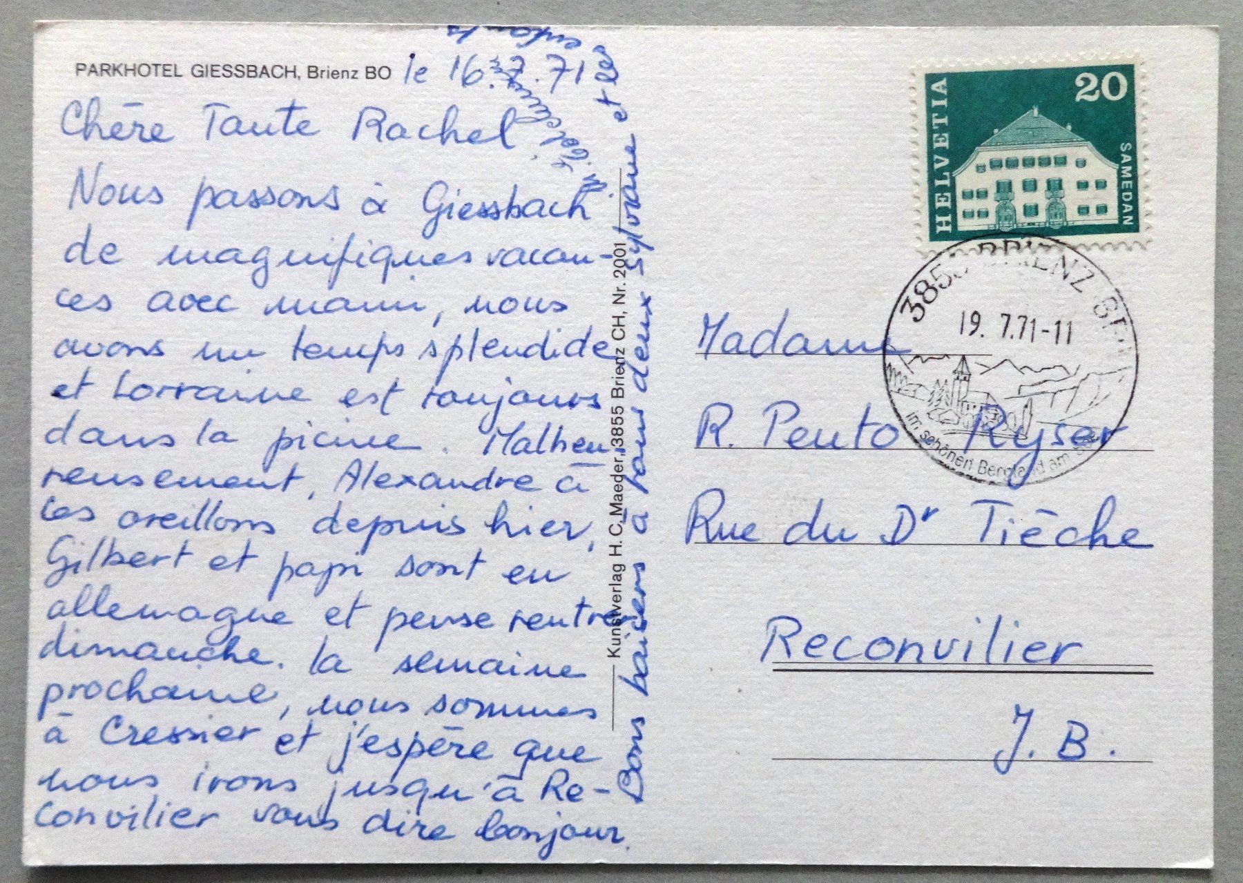 Cartoline postali: Parkhotel Giessbach, Brienz B.O. – Usato da Fétigny venduto da Billy2miny 1