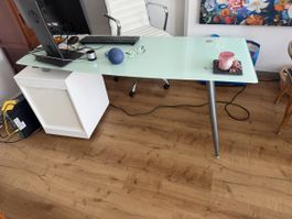 Schreibtisch mit Schubladen-Container, Glas, Weiss, Top Zust