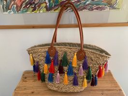 Strandtasche/Einkaufstasche Bast Quasten bunte Fransen