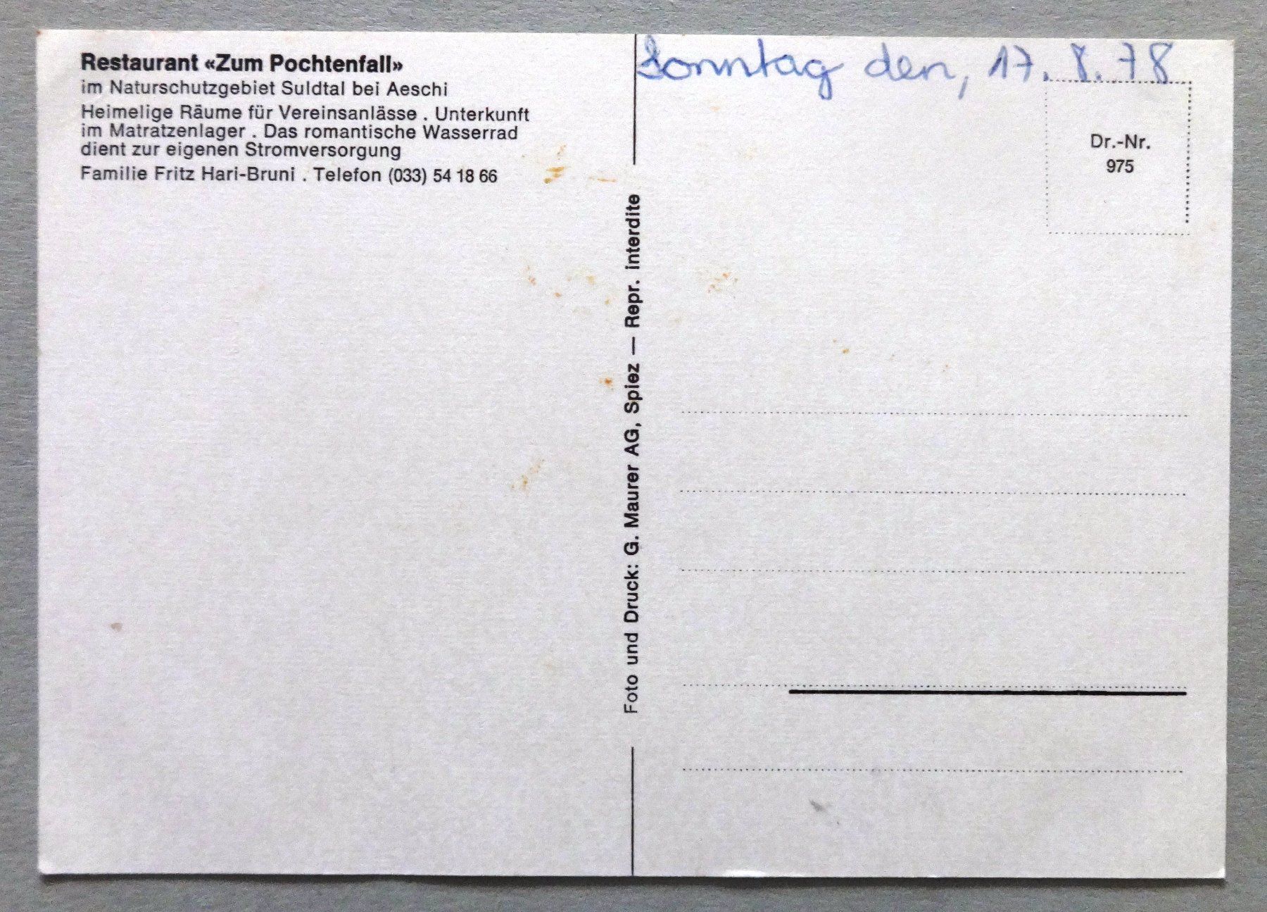 Cartoline postali: Rest. "Zum Pochtenfall", Suldtal bei Aeschi – Difettoso da Fétigny venduto da Billy2miny 1
