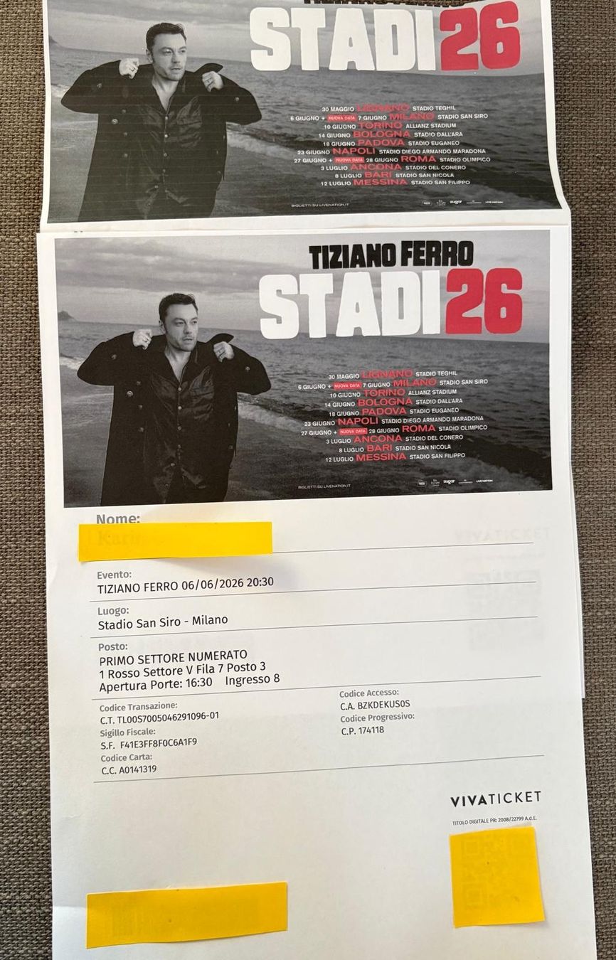 Biglietti: 2 Tickets Tiziano Ferro – Nuovo e nell'imballaggio originale da Luzern venduto da Jim007