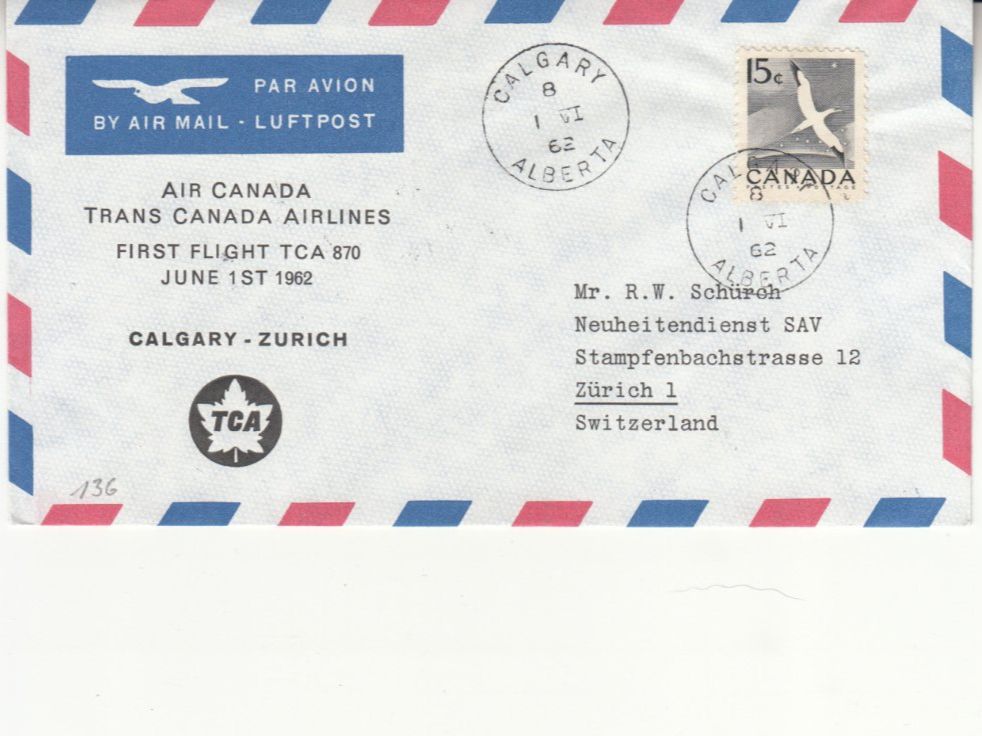Tutti i francobolli: SLH RF 62.24 b Calgary - Zürich – Usato da Bürglen TG venduto da StampGraf
