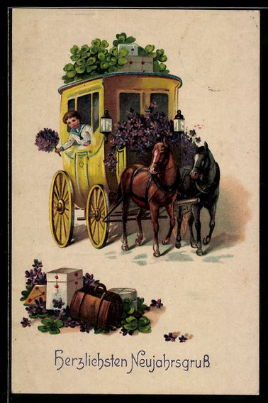 Cartes postales: Junge mit Blumen in Postkutsche, Neujahr – D'occasion à Berlin par bartko-reher