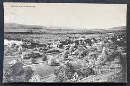 Gruss aus Meinisberg, Ansicht Ort mit Bahn, 1918