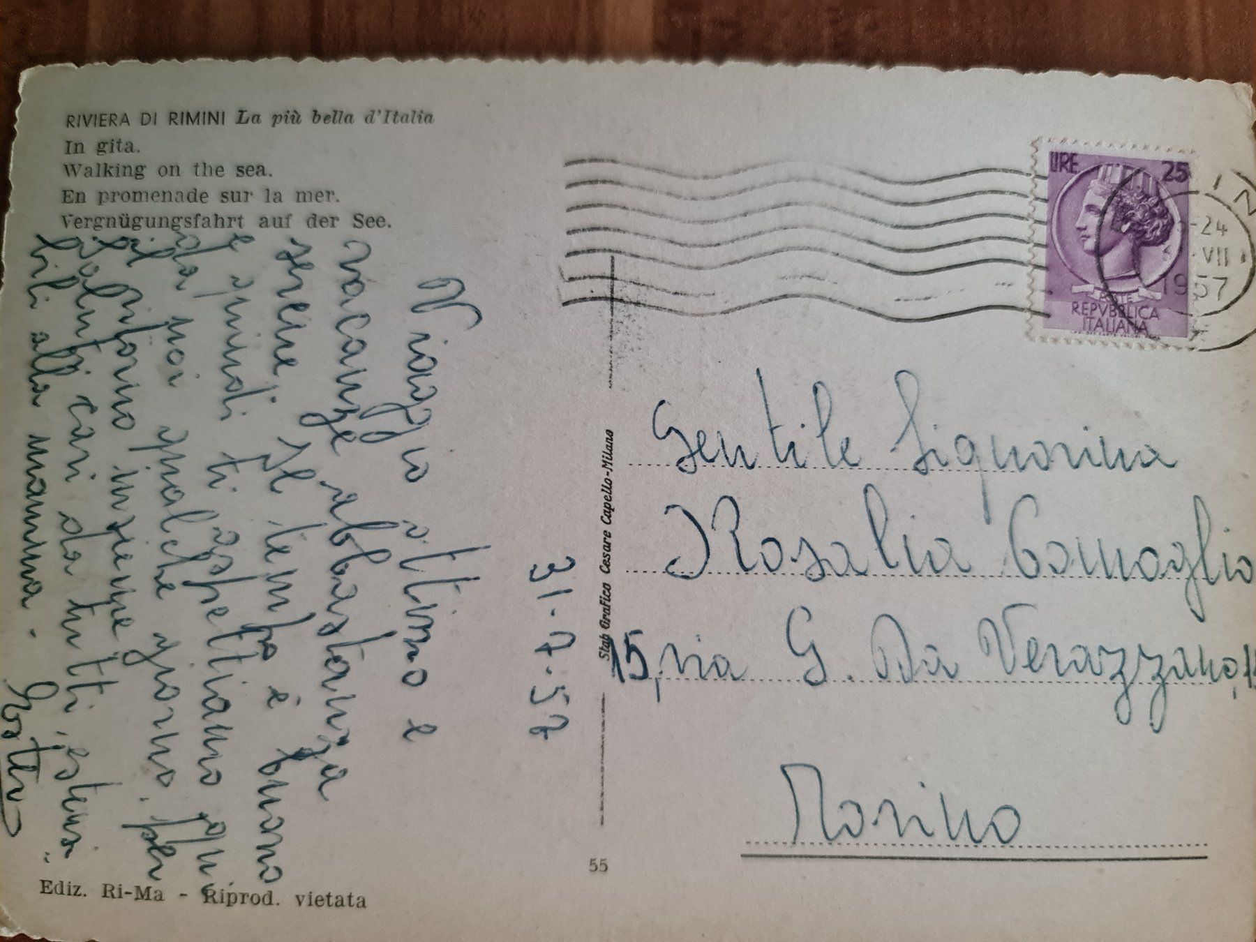 Cartoline postali: Ansichtskarte Riviera de Rimini 1957 – Usato da Dintikon venduto da Vexi 1