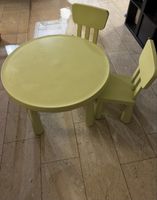IKEA MAMMUT light green children’ s round table and 2 CHAIRS