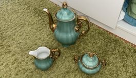 Vintage Kaffee-/Teeservice 3-teilig – Türkis mit Golddekor