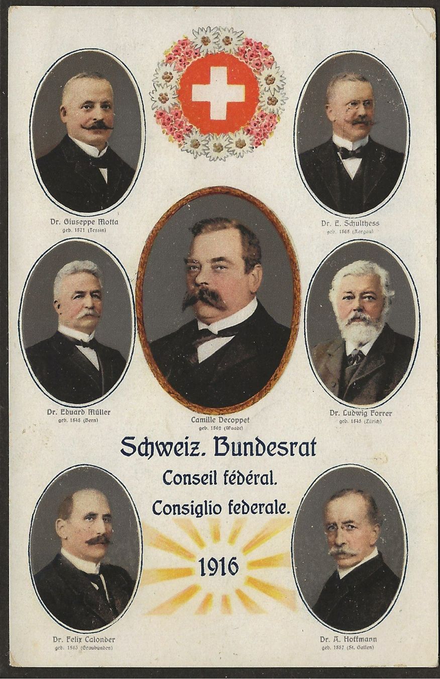 Cartoline postali: 1916 Bundesrat Forrer Müller Hoffmann Motta Schulthess – Usato da Müswangen venduto da buyin