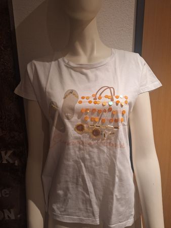 Weiss T-Shirt mit Sommer-Motiv & Pailletten, Gr. M, Damen