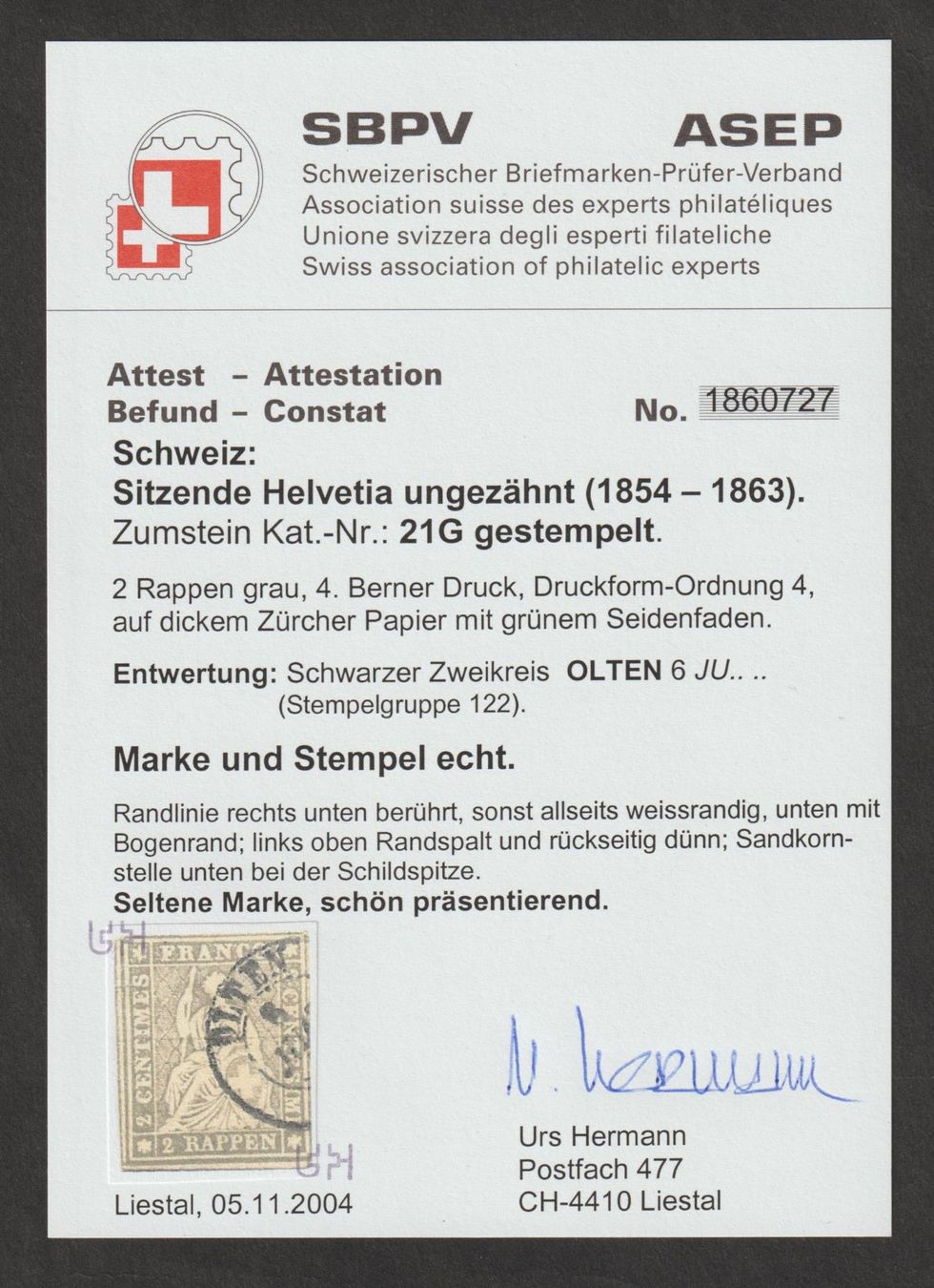Alle Briefmarken: Strubel 21 G gestempelt / Befund – Gebraucht aus Siebnen von Fstaehli 2