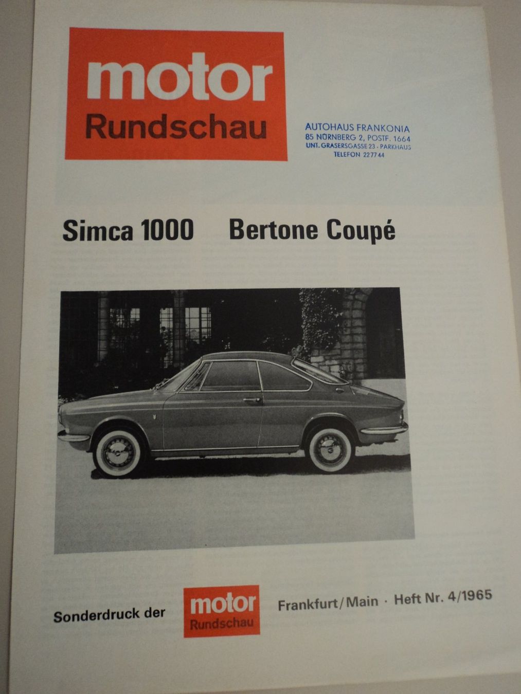 Simca Documenti: Prospekt Testbericht Simca 1000 Bertone Coupè 1965 – Usato da Schwarzenburg venduto da modelCARama 3