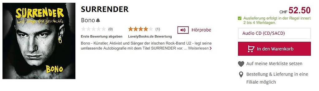 Hörbücher: Bono Surrender CD-Hörbuch – Gebraucht aus Cureggia von rds_zr7h 4