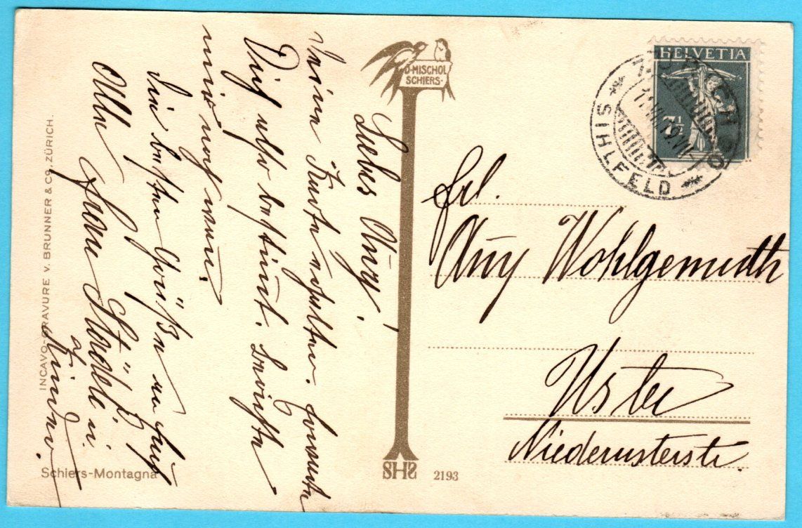 Cartoline postali: Schiers Montagna "Heimat" 1919 Chalet – Usato da Zürich venduto da Sion2006 1