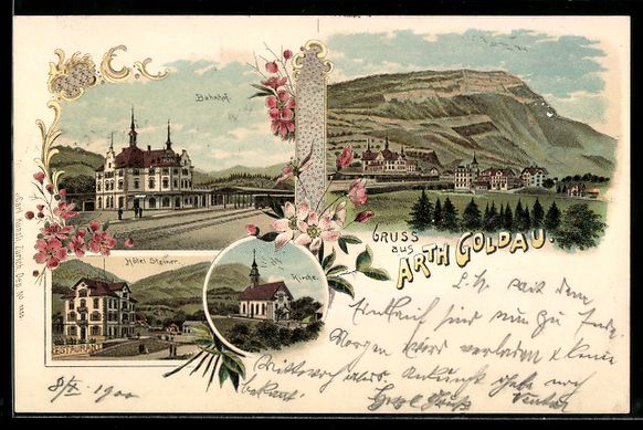 Cartoline postali: Litho Arth Goldau, Bahnhof, Hotel Steine – Usato da Berlin venduto da bartko-reher