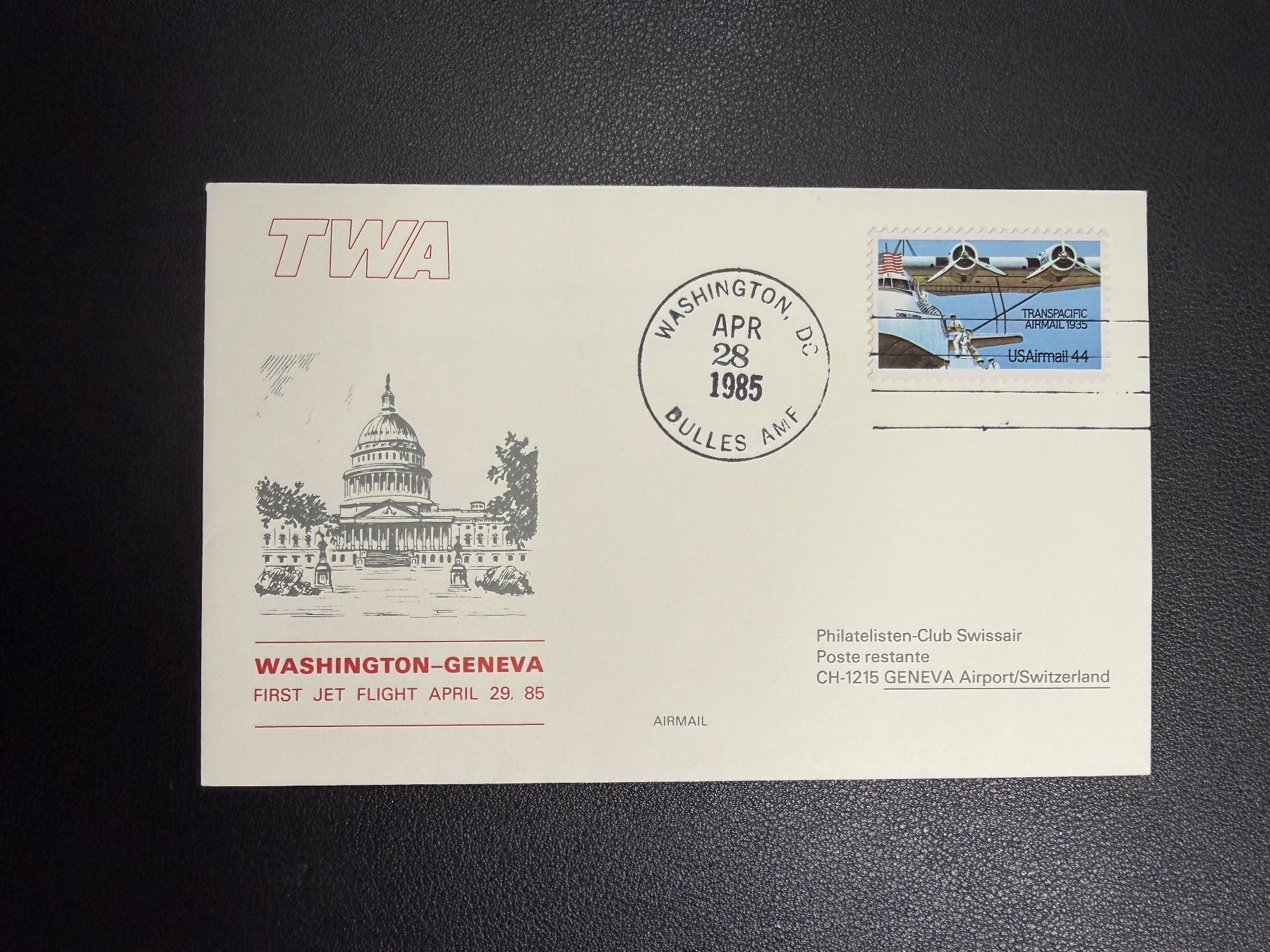 Tous les timbres: TWA Erstflugbrief Washington-Genf 1985 – D'occasion à oberrüti par jeanmei