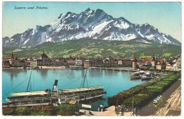 AK Luzern mit Schiff, Tram und Pilatus