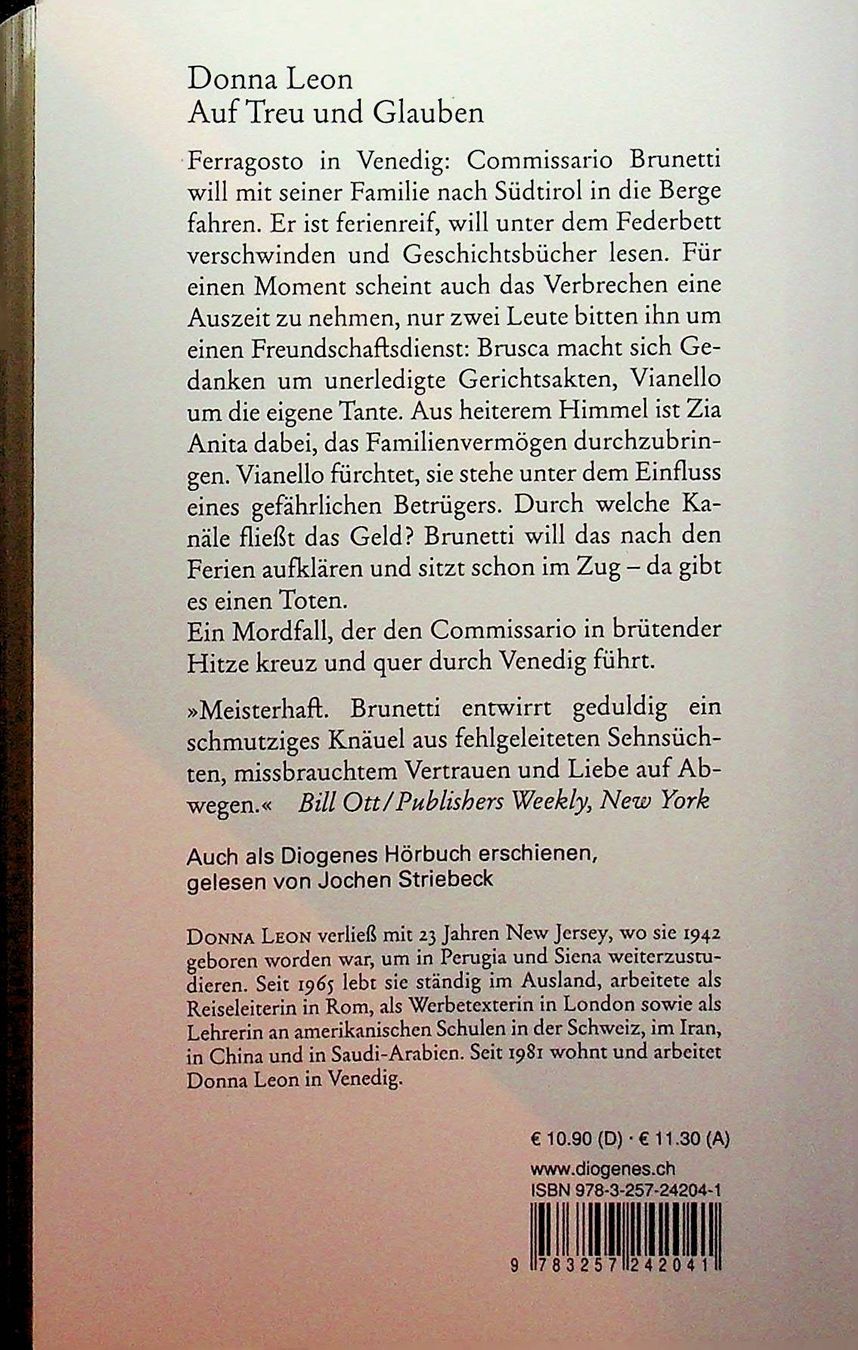 Libri: Donna Leon Auf Treu und Glauben 19 TB Diogenes  EA 2012 – Usato da Reitnau venduto da Zaomir 1