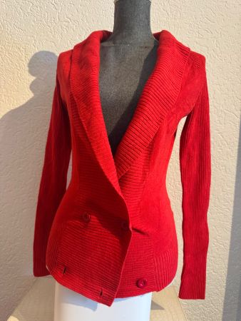 Damen Strickjacke Rot mit Schalkragen Knitted Blazer Gr XS