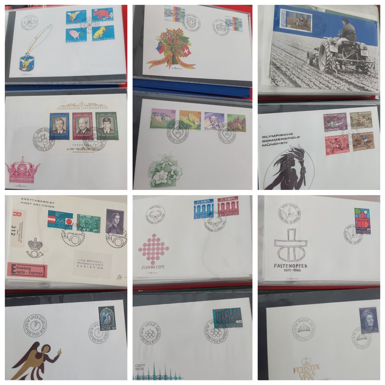 Tutti i francobolli: 7 Stk. Alben "Liechtenstein" ü. 400 FDCs – Usato da Münchwilen AG venduto da Nesar 2