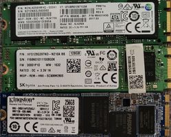 3x M.2 SSDs - 128GB, 256GB + Samsung 256GB.