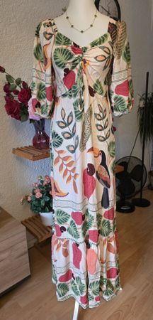 Tropical Toucan Print Maxi Dress Summer Boho Flowy Size S/M☀