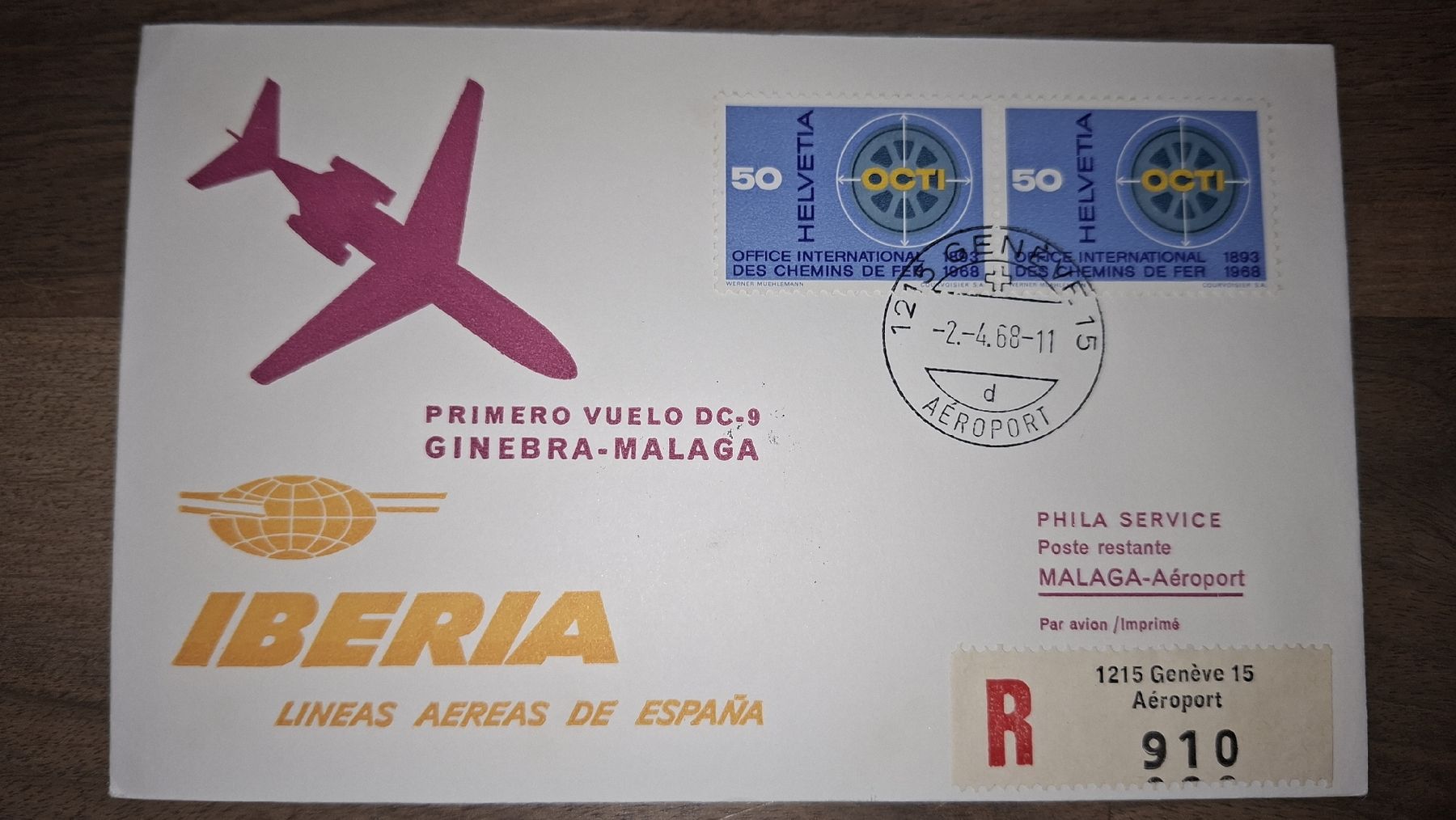 Tutti i francobolli: Iberia Ginebra - Malaga 02.04.1968 – Usato da Balgach venduto da SIMEON27