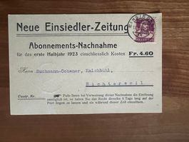 Postkarte 1923 Abo Nachnahme Neue Einsiedler Zeitung (V944)