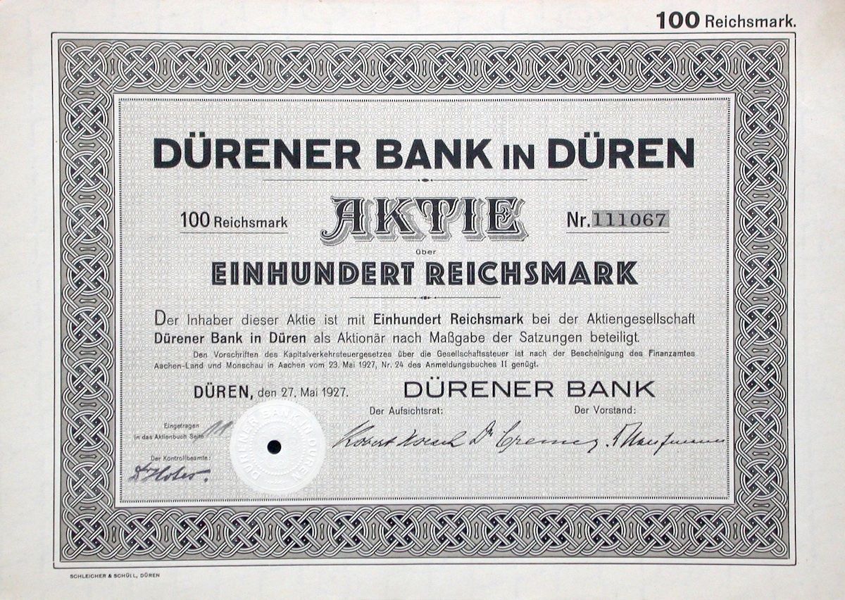 Documenti: Dürener Bank in Düren - 1927 – Usato da Solothurn venduto da Sgasche
