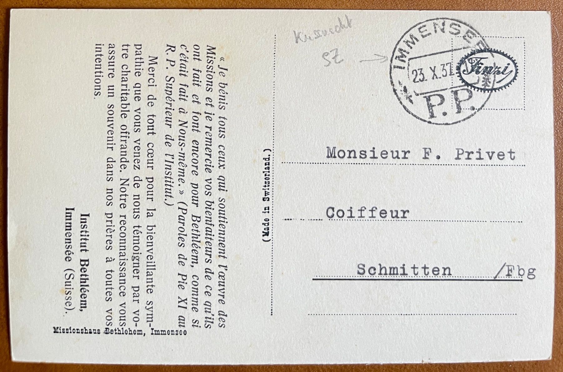 Cartoline postali: KUSSNACHT - IMMENSEE - Missionshaus 1937 – Usato da Lutry venduto da Ediego 1
