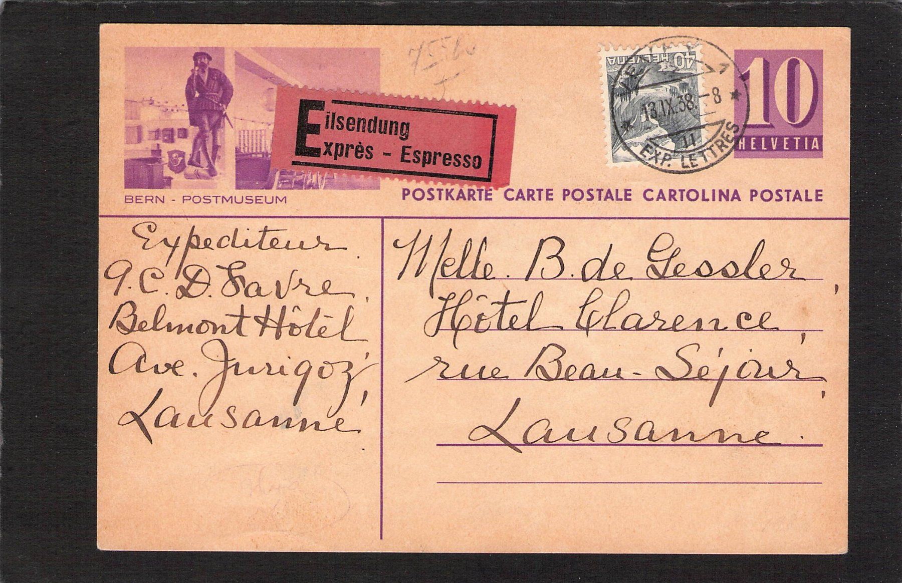 Tutti i francobolli: GS 10Rp - Bern Postmuseum ,13.IX.38 – Usato da Reichenburg venduto da Pipo-67