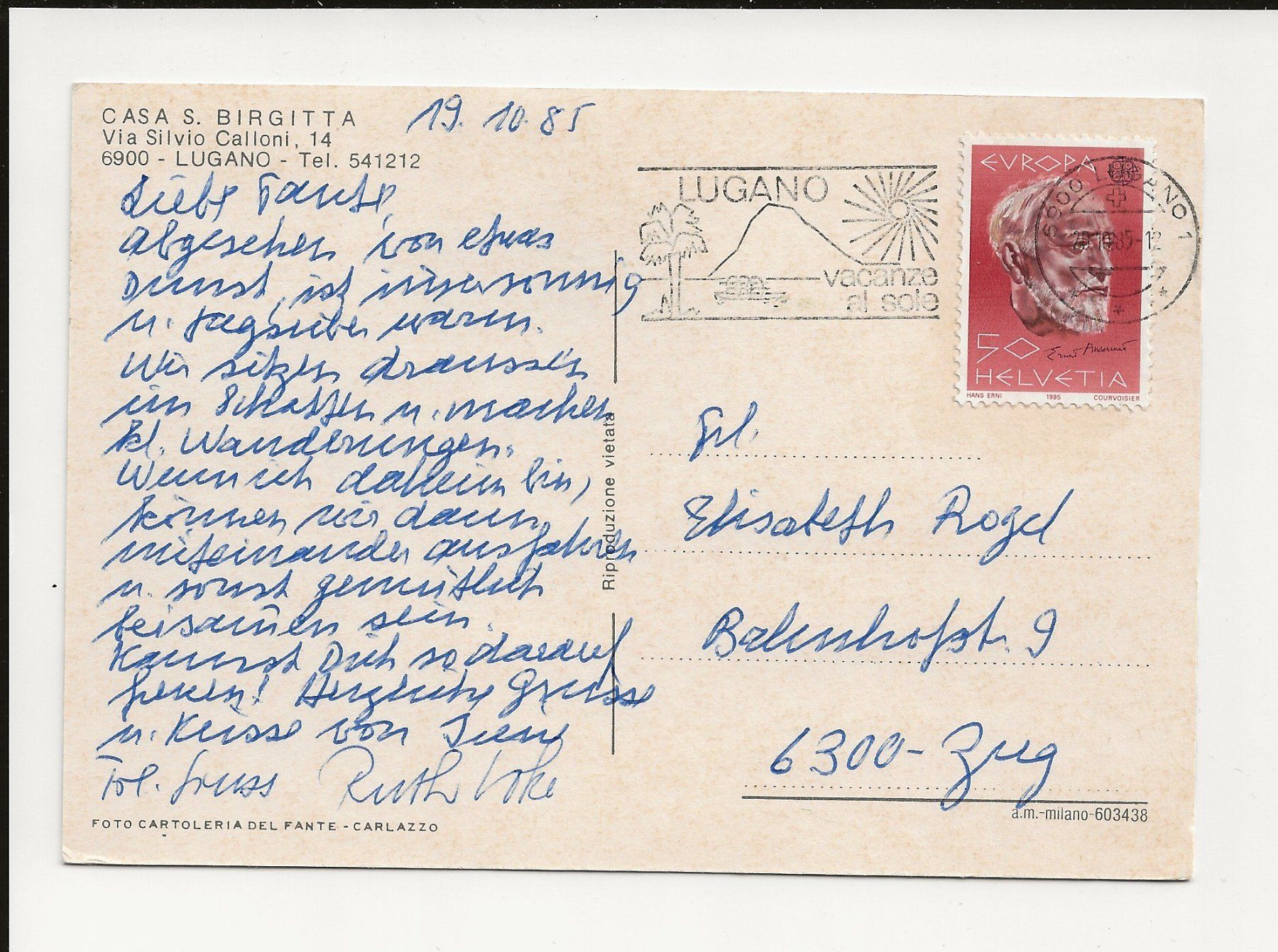 Cartoline postali: AK 1985 Casa Birgitta Lugano – Usato da Greifensee venduto da 315WDO 1