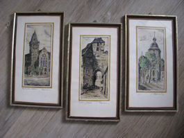 3x Antik Original Zeichnungen signiert - 3 dessins anciens