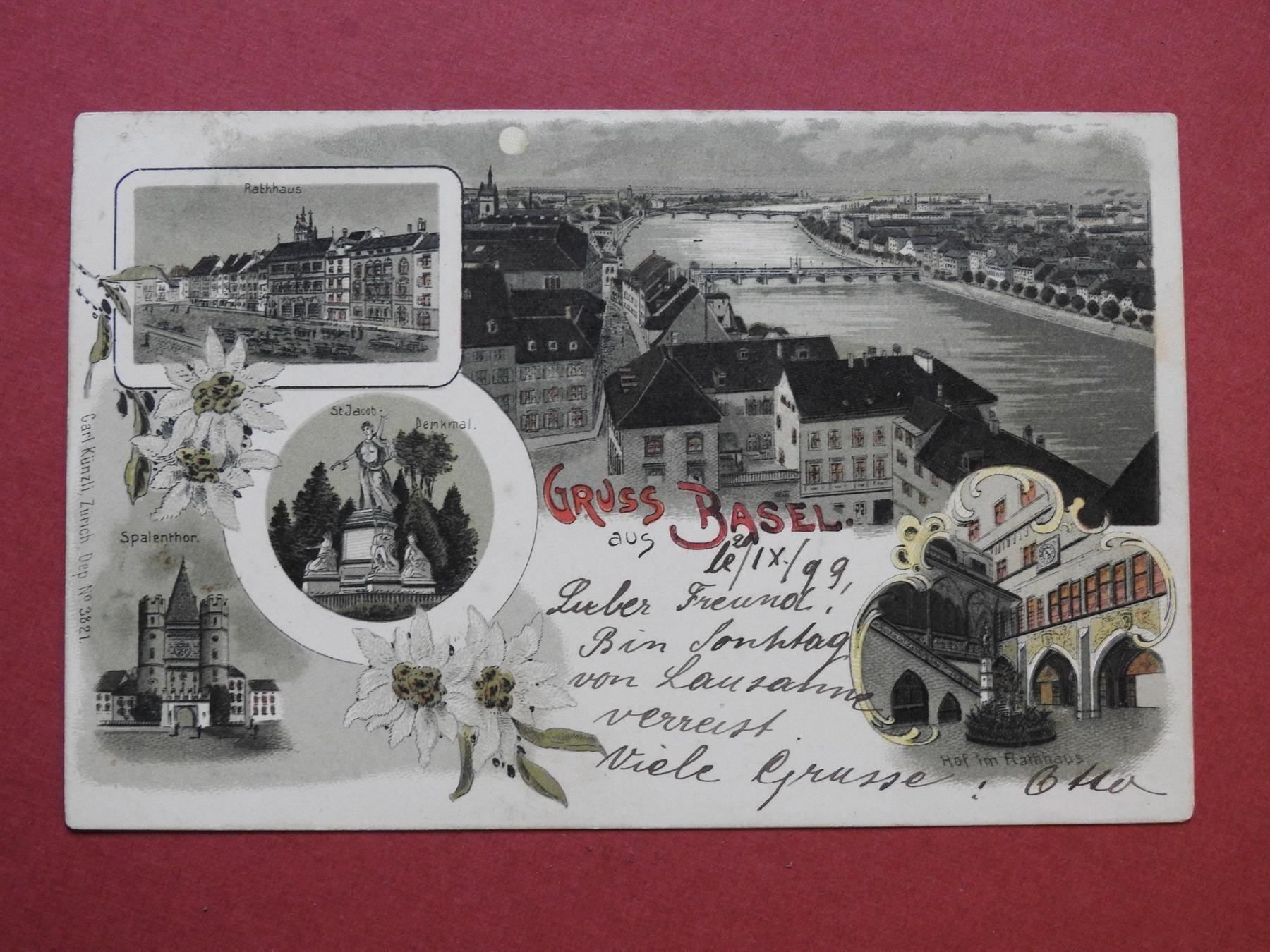 Cartoline postali: Gruss aus Basel, schöne Mondscheinkarte – Usato da Rain venduto da 999-800-K